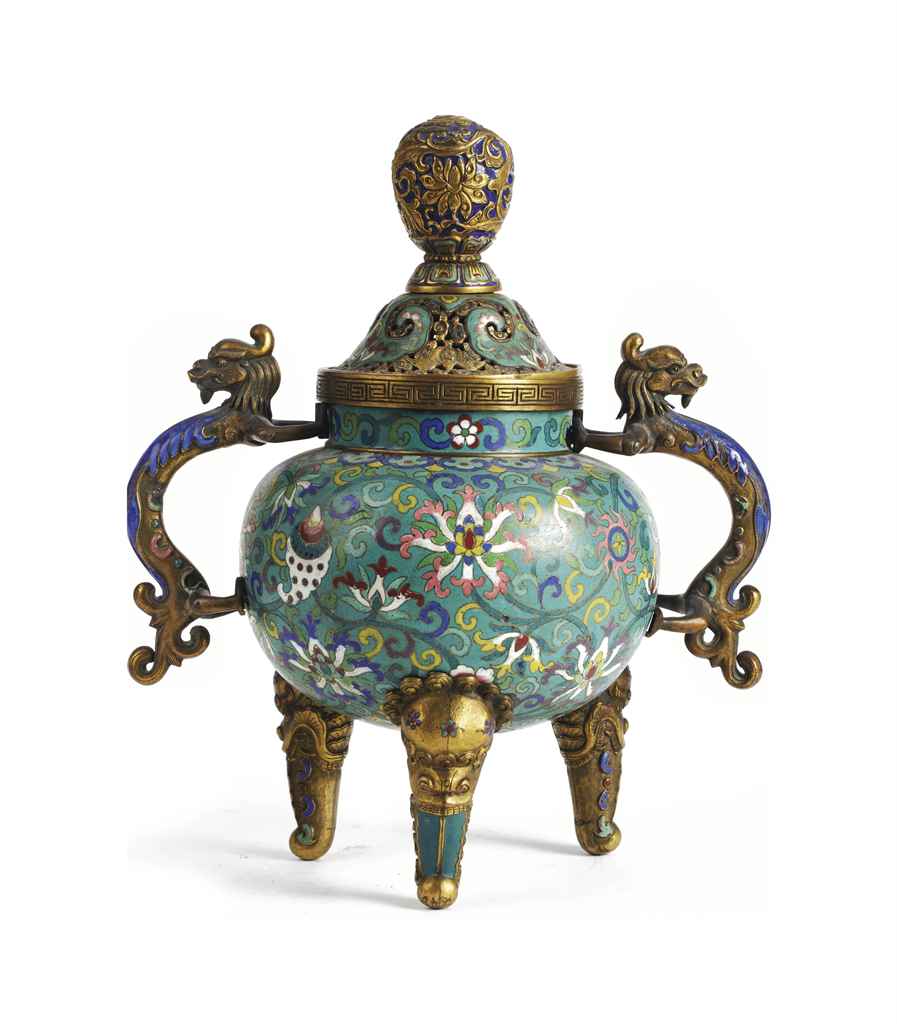 A Chinese gilt-bronze and cloisonne censer and cover