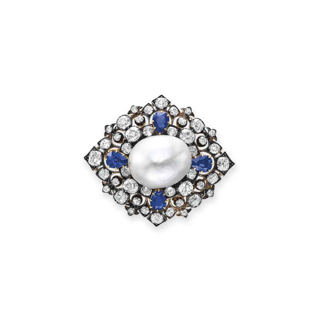 AN ANTIQUE DIAMOND, SAPPHIRE AND NATURAL PEARL BROOCH