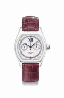 Cartier. A fine 18K white gold tonneau-shaped single button chronograph wristwatch 