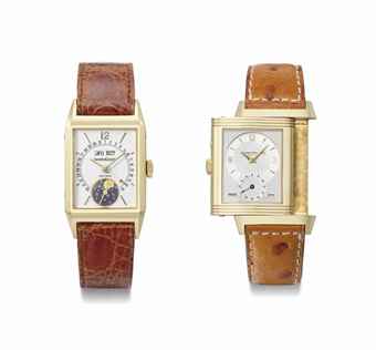 Jaeger-LeCoultre. A group lot of two 18K gold rectangular wristwatches  