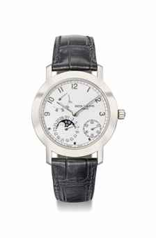 Patek Philippe. A fine 18K white gold automatic wristwatch with date, power reserve and moon phases 