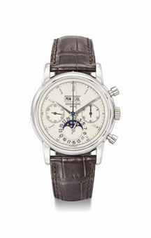 Patek Philippe. An exceptionally rare, very attractive and highly important platinum perpetual calendar chronograph wristwatch with moon phases 