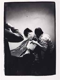 Andy with technicians preparing life cast, 1980s  