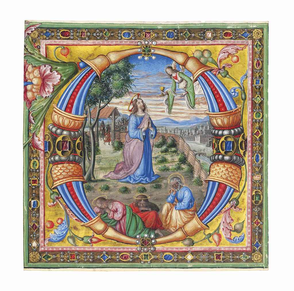 THE AGONY IN THE GARDEN, initial 'D' cut from an ILLUMINATED...