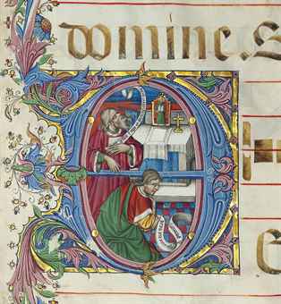 THE PHARISEE AND THE PUBLICAN, historiated initial 'D' on a leaf from an ILLUMINATED MANUSCRIPT GRADUAL ON VELLUM