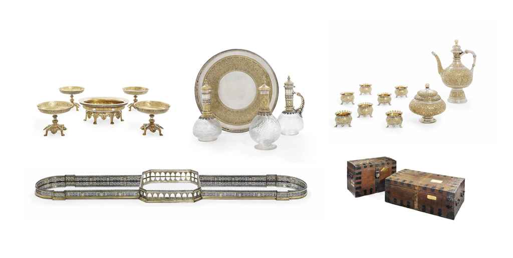 A VICTORIAN PARCEL-GILT SILVER AND ENGRAVED GLASS PART DINNE...