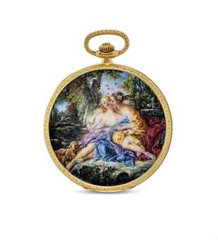 PATEK PHILIPPE. AN EXCEPTIONALLY FINE AND UNIQUE 18K GOLD HUNTER CASE KEYLESS LEVER WATCH WITH ENAMEL MINIATURE BY SUZANNE ROHR AFTER FRANÇOIS BOUCHER AND ORIGINAL CERTIFICATE 