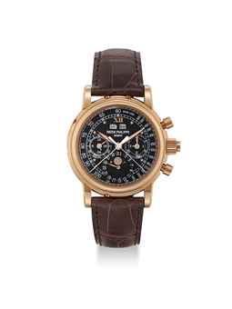 PATEK PHILIPPE. A VERY RARE 18K PINK GOLD PERPETUAL CALENDAR SPLIT SECONDS CHRONOGRAPH WRISTWATCH WITH UNUSUAL BLACK TACHYMETRE DIAL, MOON PHASES, LEAP YEAR INDICATION, ORIGINAL CERTIFICATE, ADDITIONAL CASE BACK AND BOX 
