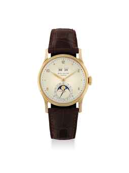 PATEK PHILIPPE. A VERY FINE AND RARE 18K PINK GOLD PERPETUAL CALENDAR WRISTWATCH WITH MOON PHASES 