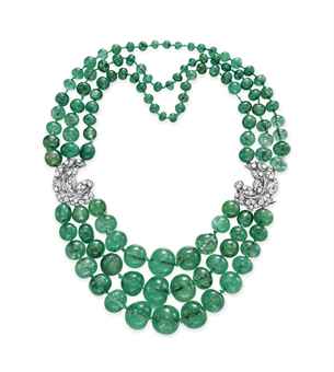 A THREE-STRAND EMERALD BEAD AND DIAMOND NECKLACE  