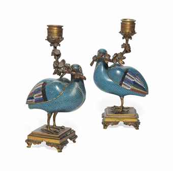 A PAIR OF CHINESE CLOISONNÉ ENAMEL STANDING QUAILS, MOUNTED AS CANDELABRA 