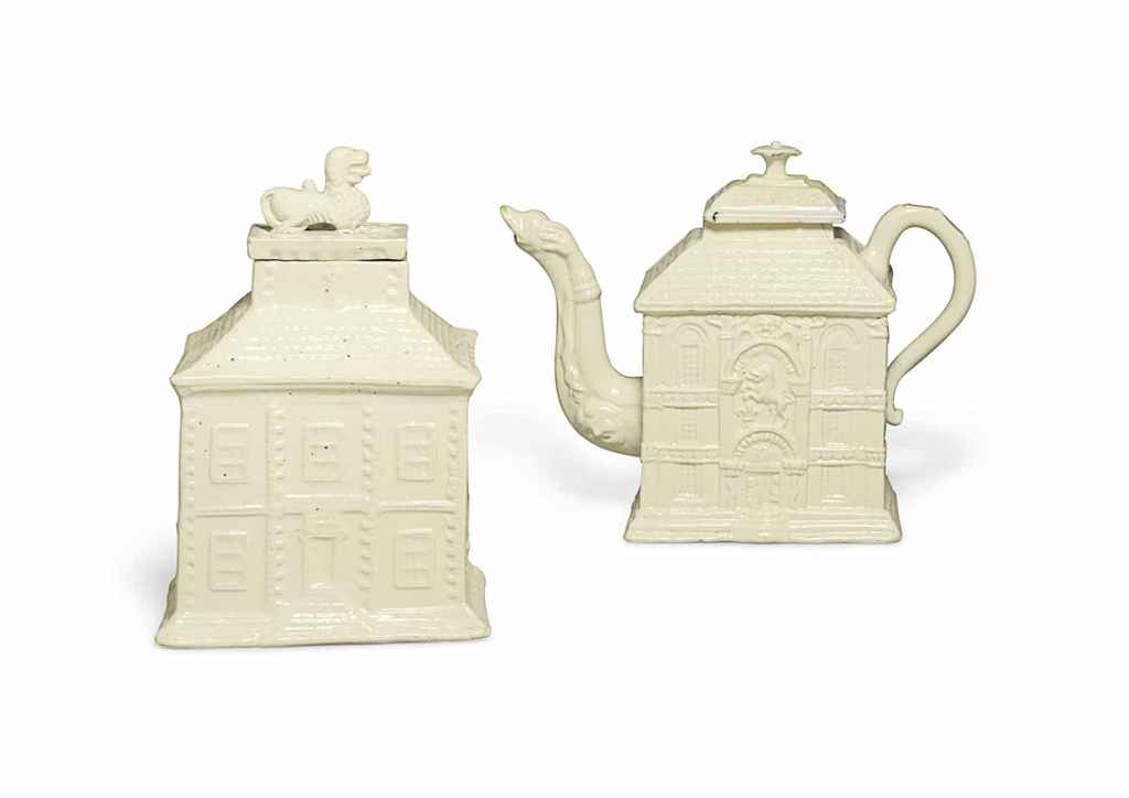 A STAFFORDSHIRE SALTGLAZED STONEWARE 'HOUSE' TEAPOT AND COVE...