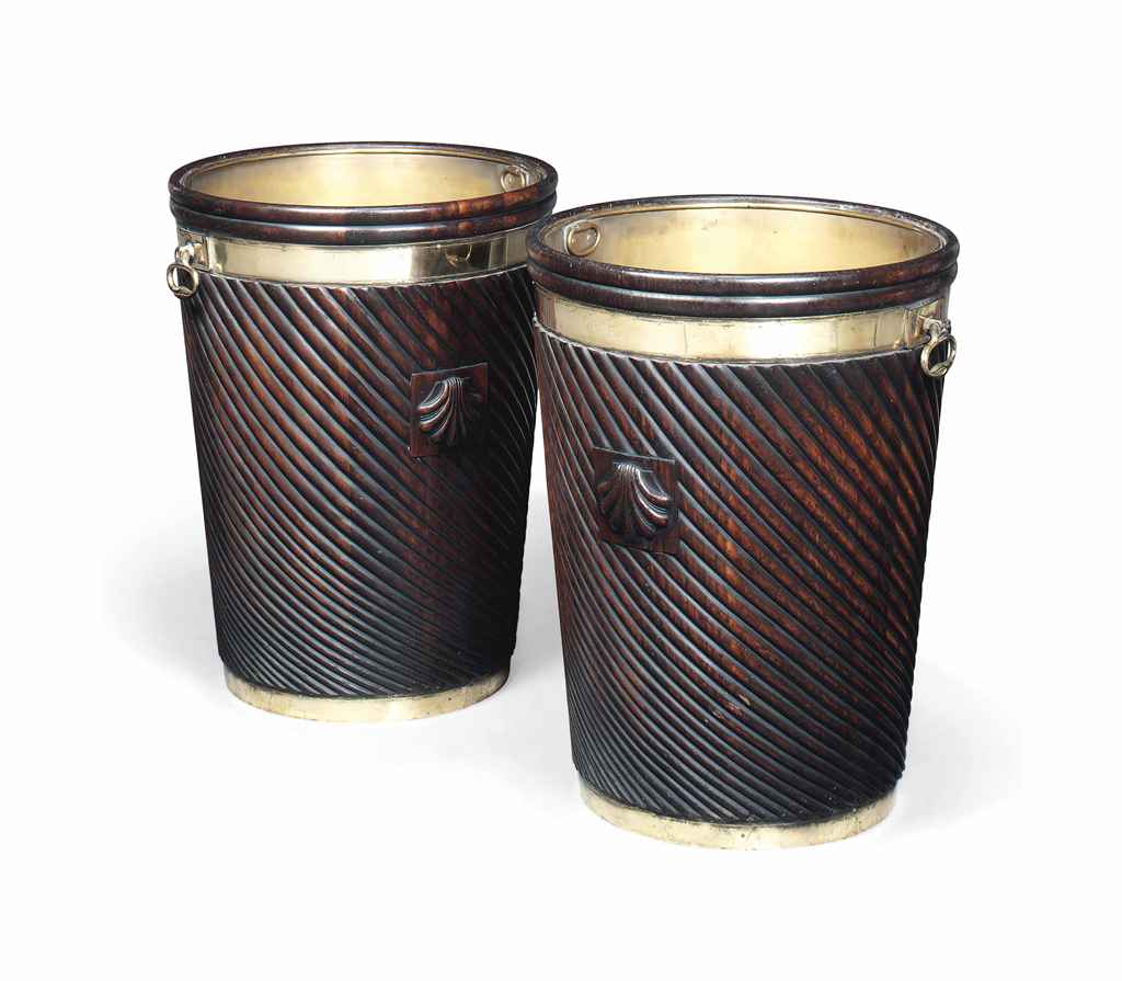 A PAIR OF LARGE BRASS MOUNTED MAHOGANY PEAT BUCKETS