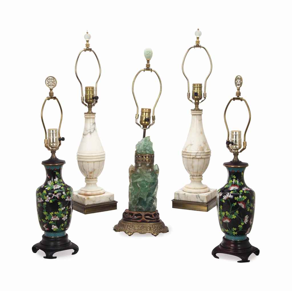 A PAIR OF WHITE MARBLE LAMPS, A PAIR OF CHINESE CLOISONNE-EN...