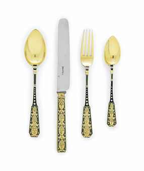 A SILVER-GILT AND EN PLEIN ENAMEL PART DESSERT FLATWARE SETTING