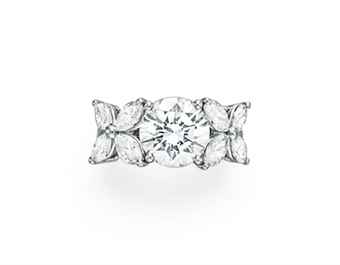Lot 211- A DIAMOND RING, BY TIFFANY & CO. Set with a circular-cut diamond, weighing approximately 3.35 carats, flanked on either side by a marquise-cut diamond florette, mounted in platinum tiffany diamond ring, tiffany diamonds, tiffany engagement ring, pre owned tiffany