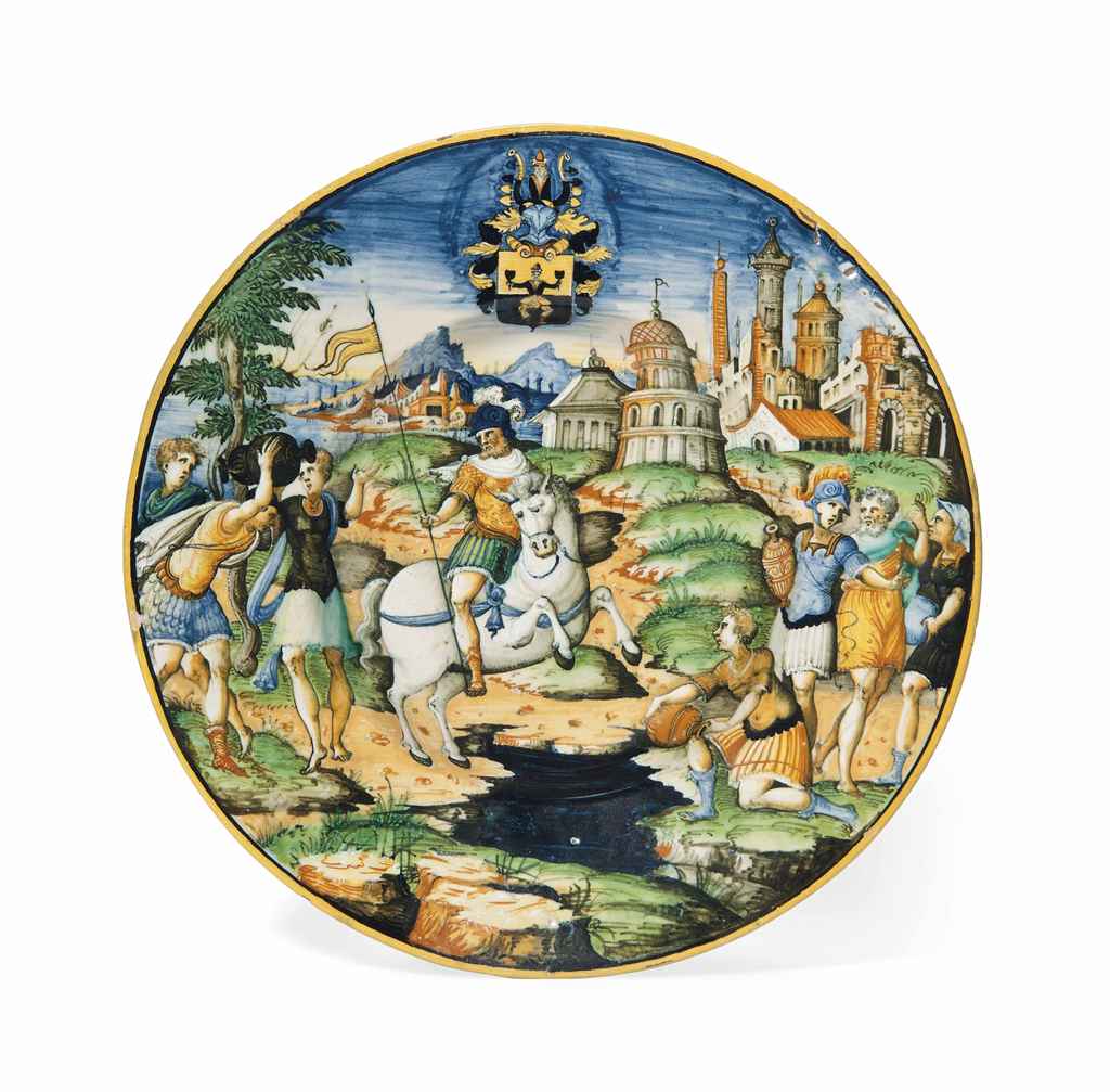 AN URBINO MAIOLICA ARMORIAL ISTORIATO DISH FROM THE SCHEUFFE...