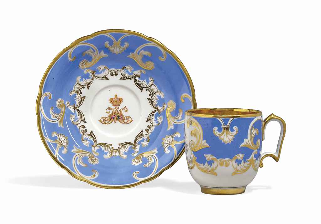 A RUSSIAN PORCELAIN COFFEECUP AND SAUCER FROM THE SERVICE AT HIS
