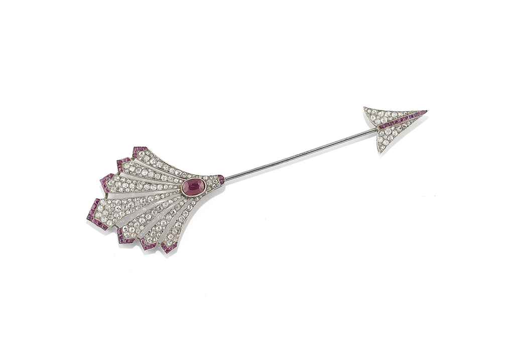 An Art Deco ruby and diamond jabot pin