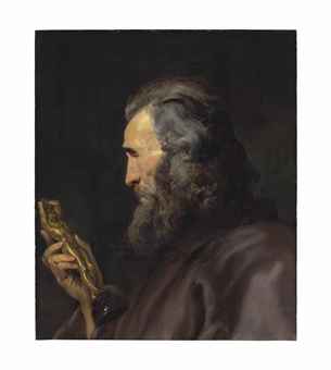 Head of a bearded man in profile holding a bronze figure  