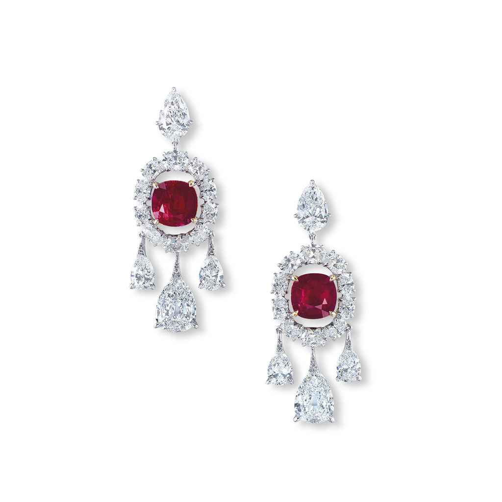 A MAGNIFICENT PAIR OF RUBY AND DIAMOND EAR PENDANTS, BY ETCE...