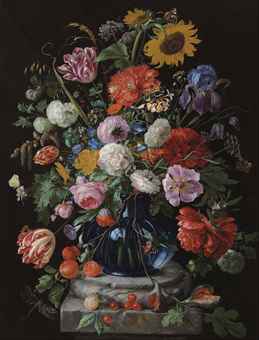 Tulips, a sunflower, an iris, hydrangeas, honeysuckle, willow catkins, carnations and other flowers in a glass vase on a marble pediment 