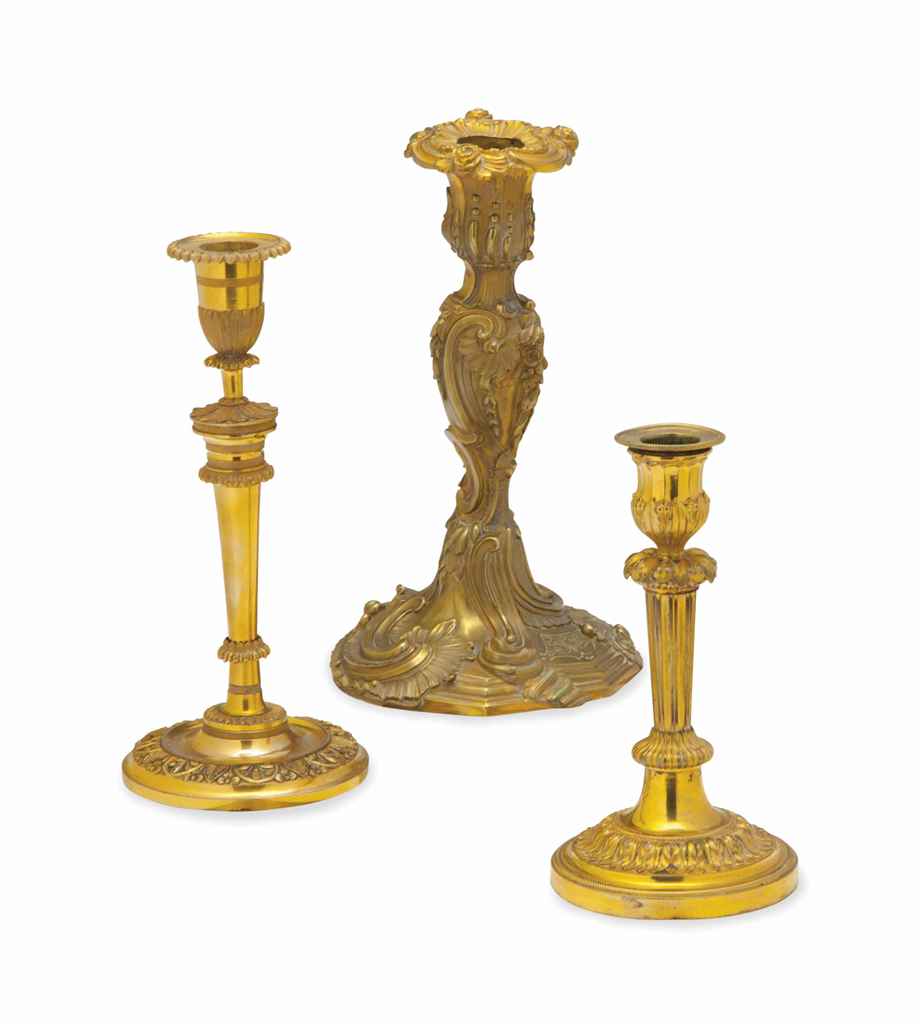 A PAIR OF LOUIS XVI GILT BRONZE CANDLESTICKS, AND A PAIR OF ...