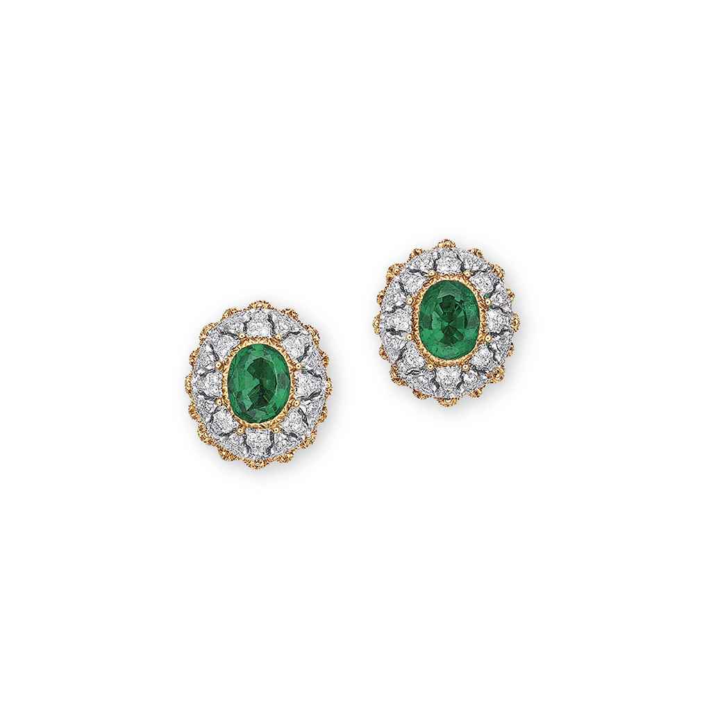 A PAIR OF EMERALD AND DIAMOND EAR CLIPS, BY BUCCELLATI