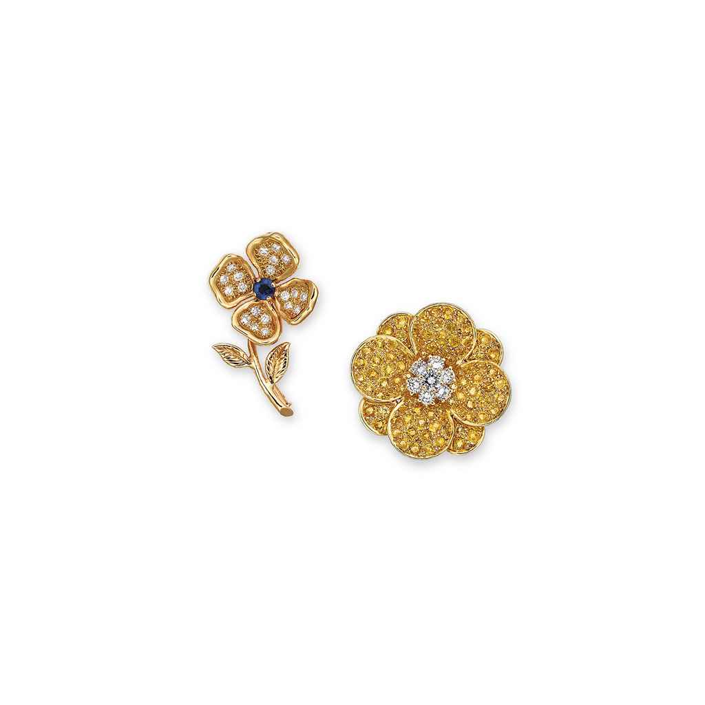 TWO YELLOW SAPPHIRE, SAPPHIRE AND DIAMOND BROOCHES, BY VAN C...