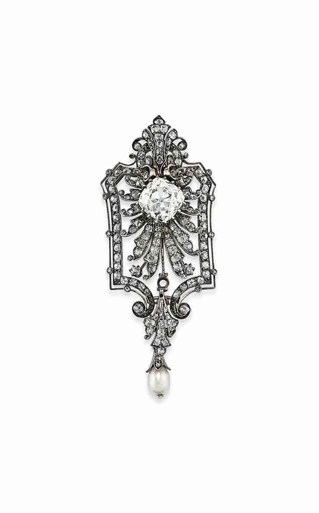 A LATE 19TH CENTURY PEARL AND DIAMOND PENDANT / BROOCH