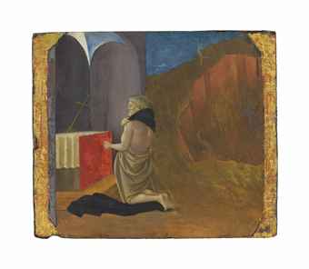 The penitent Saint Justus kneeling before an altar - a predella panel 