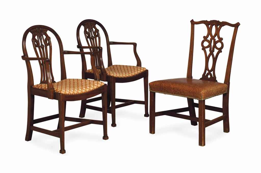 A PAIR OF ENGLISH MAHOGANY ARMCHAIRS, AND AN ENGLISH MAHOGAN...