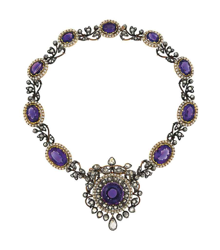 A late 19th century amethyst, diamond and seed pearl necklac...