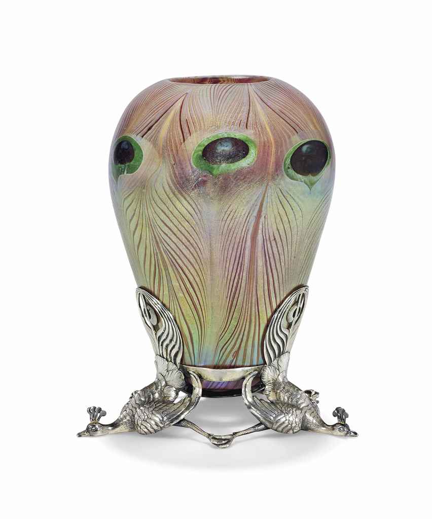 A RARE SILVER-MOUNTED TIFFANY FAVRILE GLASS VASE