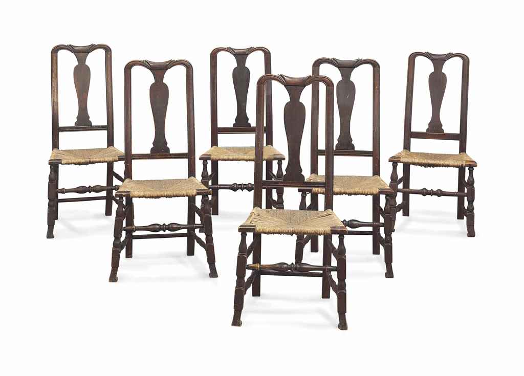 AN ASSEMBLED SET OF SIX QUEEN ANNE MAPLE RUSH-SEAT SIDE CHAI...