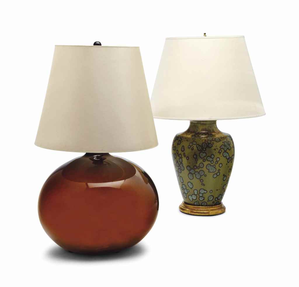 A BROWN GLASS LAMP AND A PIERREFONDS-STYLE CERAMIC LAMP