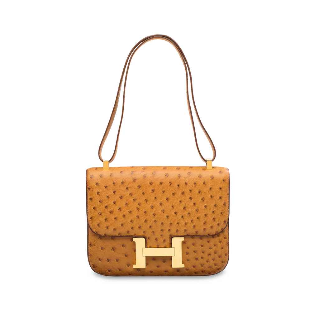 A COGNAC OSTRICH CONSTANCE 23 WITH GOLD HARDWARE