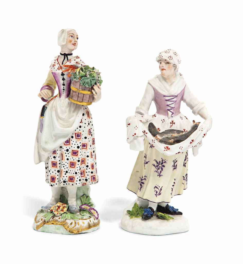 A MEISSEN FIGURE OF A FISH-SELLER AND A CHELSEA FIGURE OF A ...