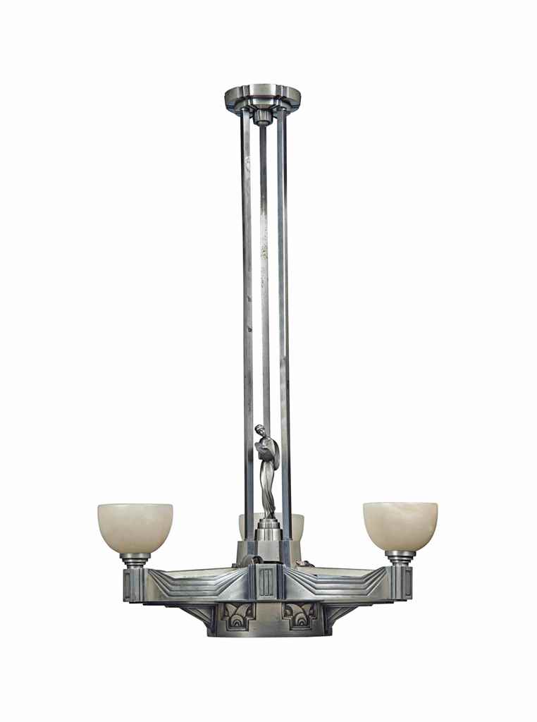 A FRENCH ART DECO SILVERED BRONZE AND ALABASTER CHANDELIER