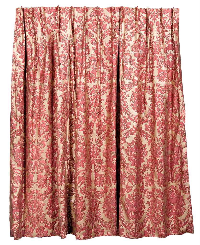 A SET OF THREE RED AND GOLD DAMASK PRINTED CURTAINS , FORTUNY, MODERN