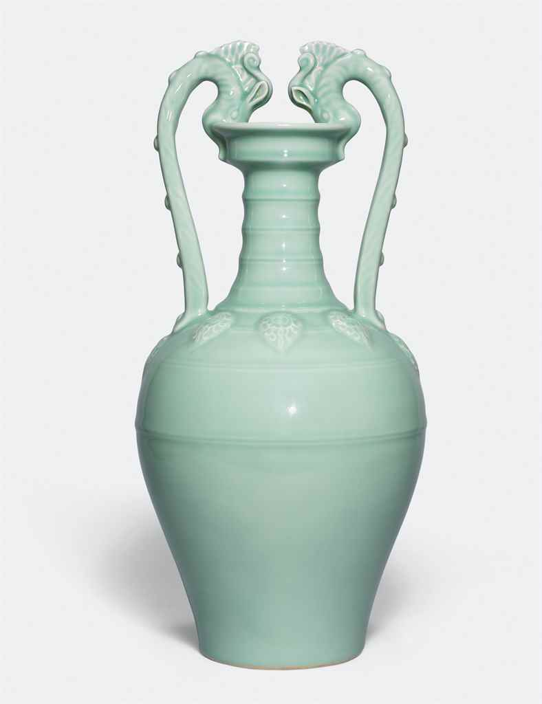 AN EXCEPTIONALLY FINE TANG-STYLE ‘DOUBLE-DRAGON’ CELADON-GLA...