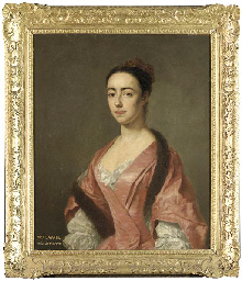 Portrait of Eleanor Savage, half-length, in a white chemise and a pink silk dress with a fur stole and ochre cap 