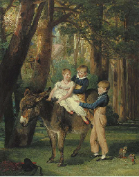 Group Portrait of John, Theophilus and Frances Levett, full-length, the younger two seated on a donkey, in a wooded landscape 