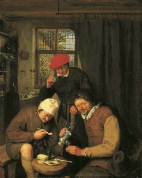 De Drinker: Three boors drinking and smoking in a spirit house  