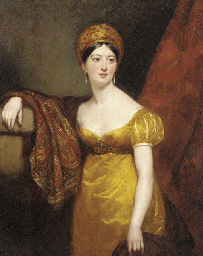 Portrait of Henrietta Shuckburgh, three-quarter length, in empire style dress and a turban, with a paisley shawl draped over her right shoulder, standing by a column 
