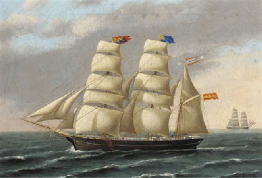 The Spanish three-masted barque Ignacio Fuster under full sail  