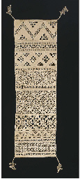 A fine needlelace linen sampler, comprising a series of cutwork and Reticella bands, featuring button hold triangles and loops and including stylised X and S details, with tassels to each corner, 28 x 9in. (71 x 23cm), Italian mid 16th century