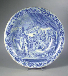 A large Delftware blue and white biblical charger  