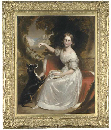 Portrait of Marianne Gage, full-length, seated on a red cloak trimmed with ermine, feeding a dog in a wooded mountain landscape 