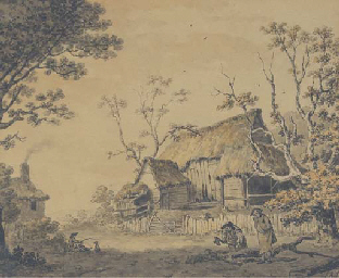Figures outside a cottage  